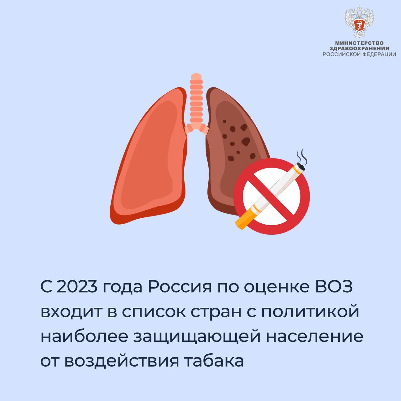 С 2023 года Россия по оценке ВОЗ входит в список стран с политикой наиболее защищающей население от воздействия табака